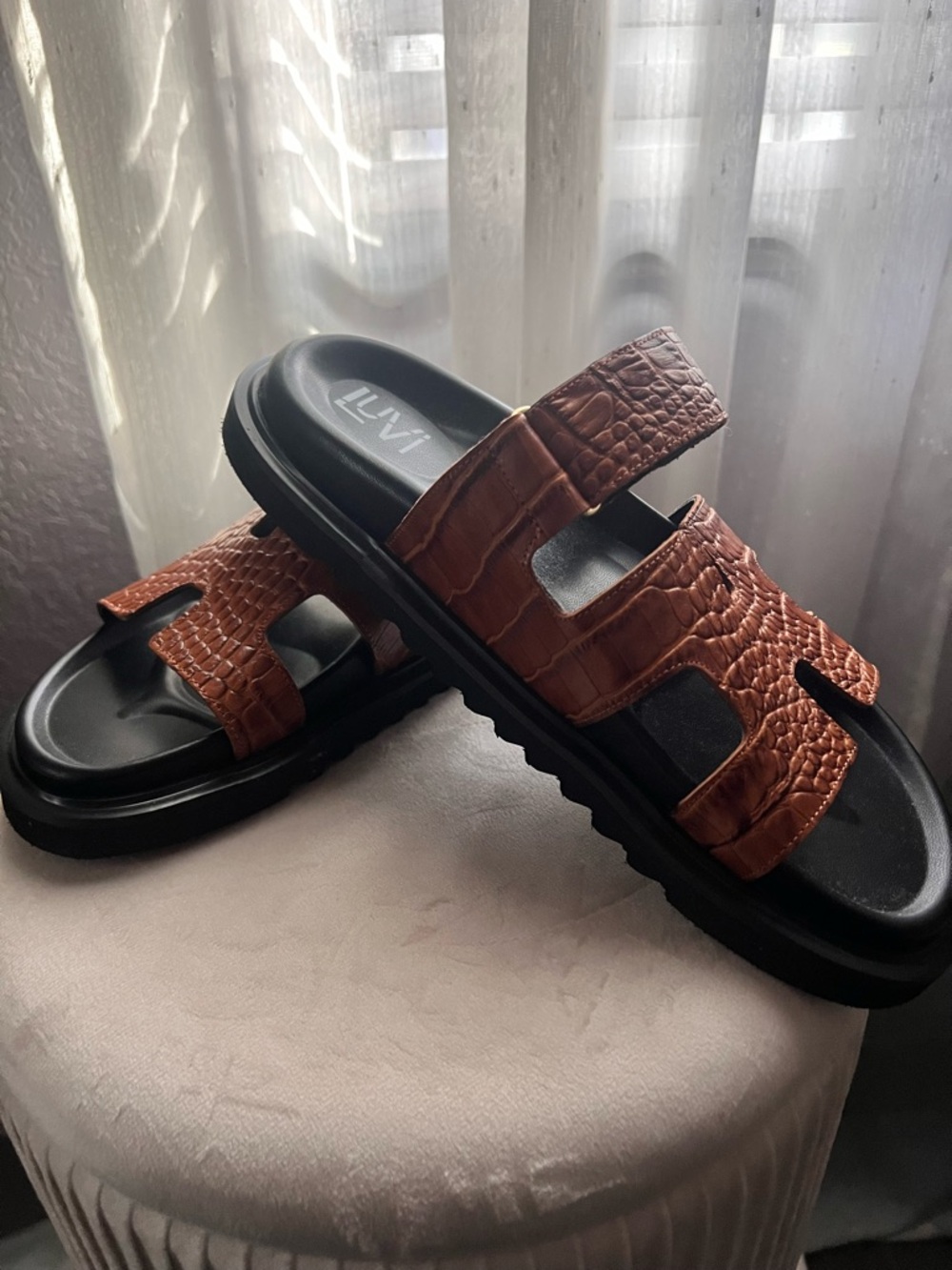 Women’s Brown Croc-Embossed Leather Slide Sandals